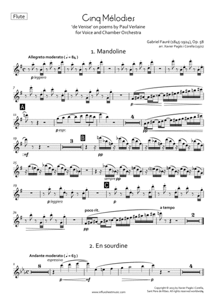 Fauré: Cinq Mélodies 'de Venise' Op. 58 arr. for Voice and Chamber Orchestra (Parts) image number null