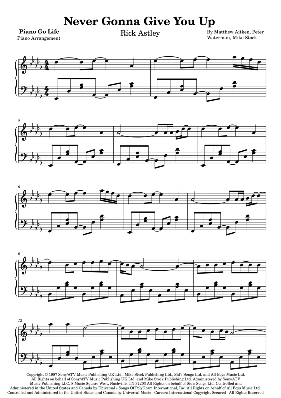 Never Gonna Give You Up Piano Solo scores gallery preview page 1