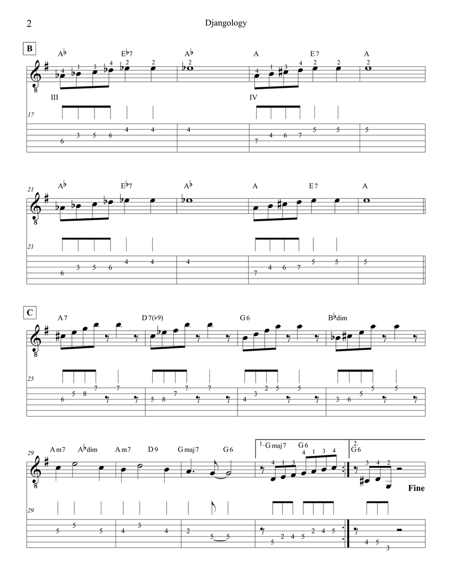 Djangology (arranged for Solo Jazz Guitar, with improvisation) Electric Guitar scores gallery preview page 2