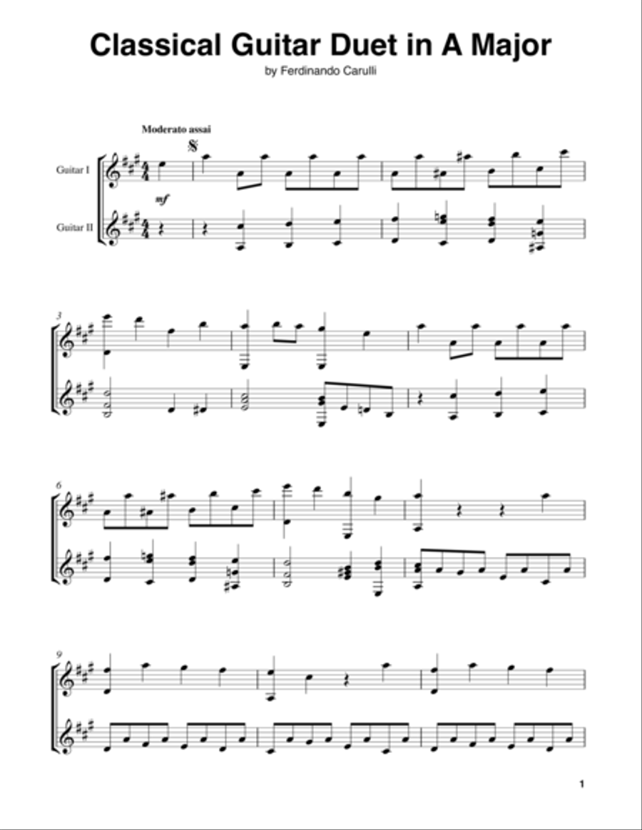 Classical Guitar Duet in A Major Acoustic Guitar scores gallery preview page 1