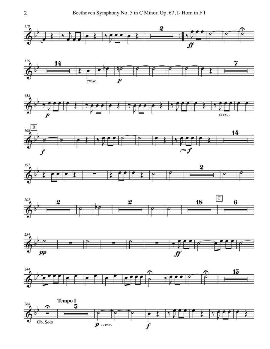 Beethoven Symphony No. 5, Movement I - Horn in F 1 (Transposed Part), Op. 67 Horn Solo scores gallery preview page 2