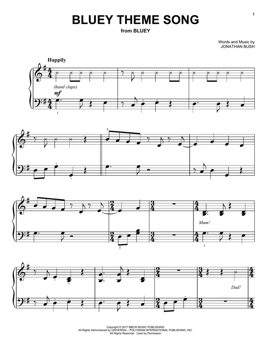 Bluey Theme Song Bluey Theme Song Easy Piano scores gallery preview page 1