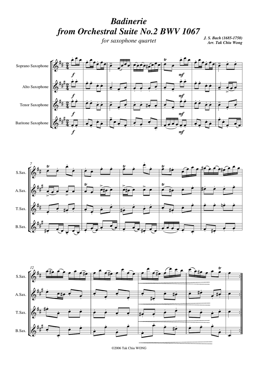 Badinerie from Orchestral Suite No. 2 arranged for Saxophone Quartet Woodwind Quartet scores gallery preview page 2