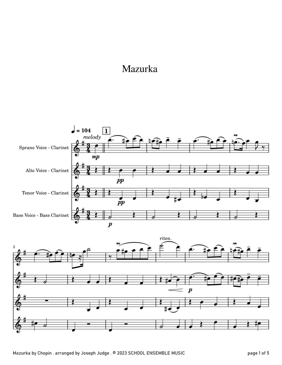 Mazurka by Chopin for Clarinet Quartet in School Clarinet Quartet scores gallery preview page 1