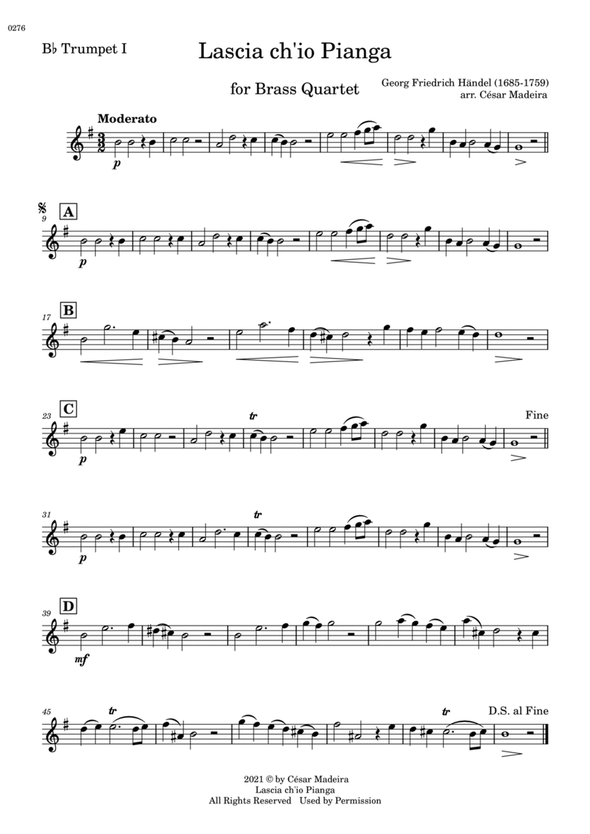 Lascia Ch'io Pianga - Brass Quartet (Individual Parts) image number null