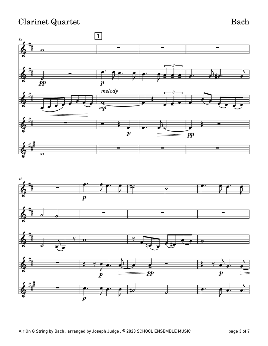 Air On G String by Bach for Clarinet Quartet in Schools Woodwind Ensemble scores gallery preview page 3