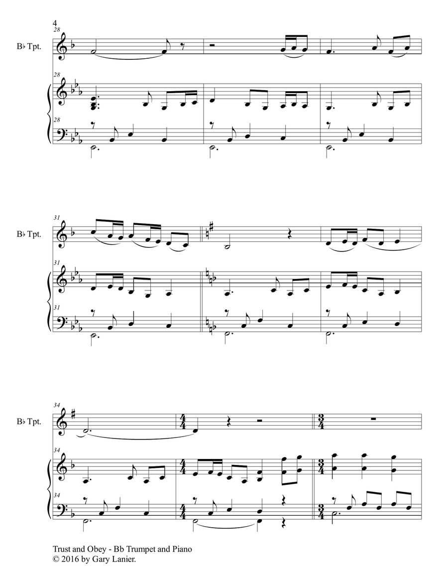 Gary Lanier: TRUST AND OBEY (Duet – Bb Trumpet & Piano with Parts) Trumpet Duet scores gallery preview page 5