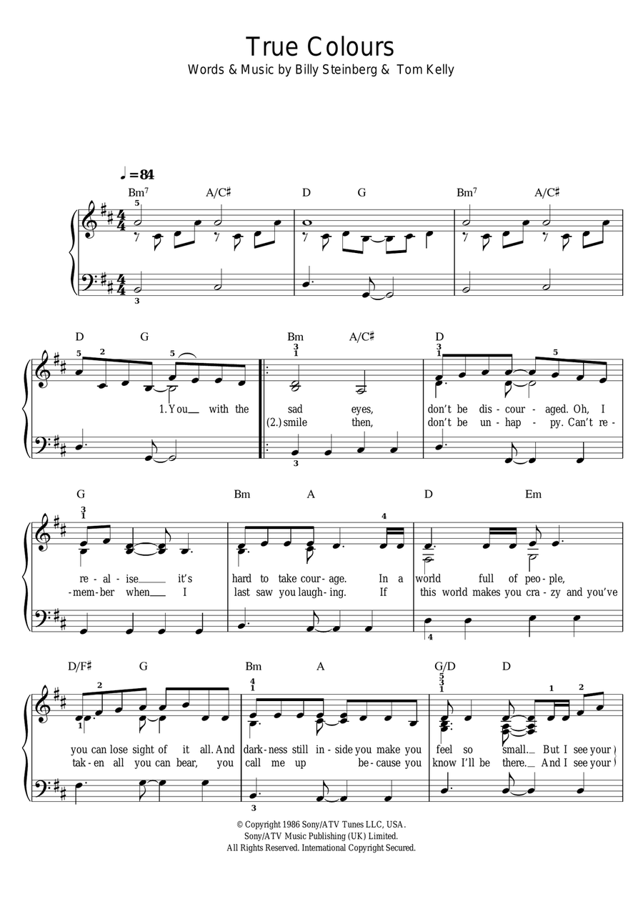 True Colours Easy Piano scores gallery preview page 1
