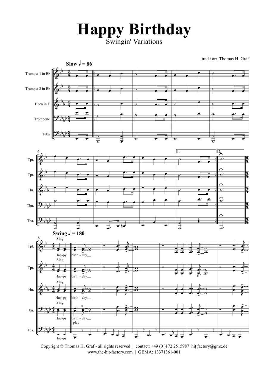 Happy Birthday - Swingin' Variations - Brass Quintet Brass Quintet scores gallery preview page 1