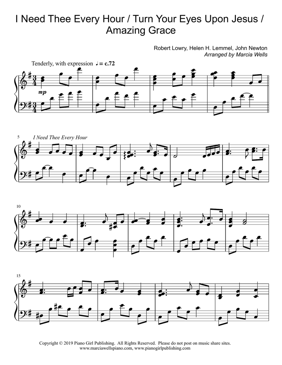 I Need Thee Every Hour / Turn Your Eyes Upon Jesus / Amazing Grace Piano Solo scores gallery preview page 2