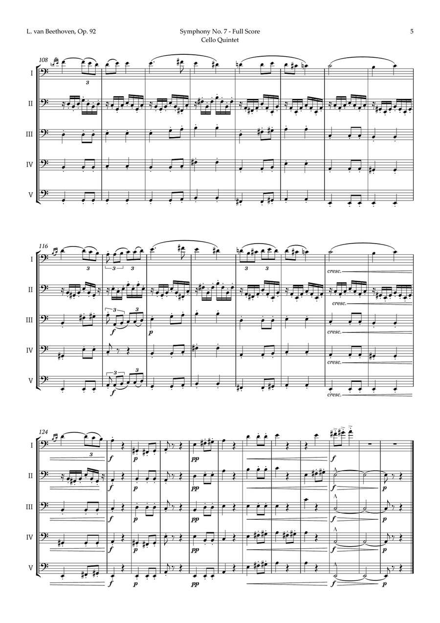 2nd Movement of Symphony No. 7 by Beethoven for Cello Quintet String Quintet scores gallery preview page 6