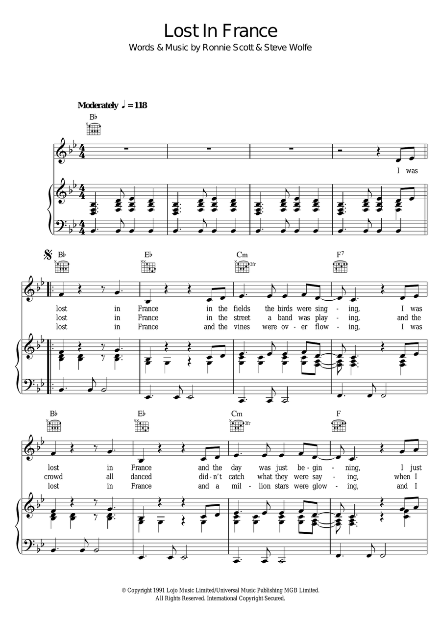 Lost In France Lost In France Piano, Vocal scores gallery preview page 1