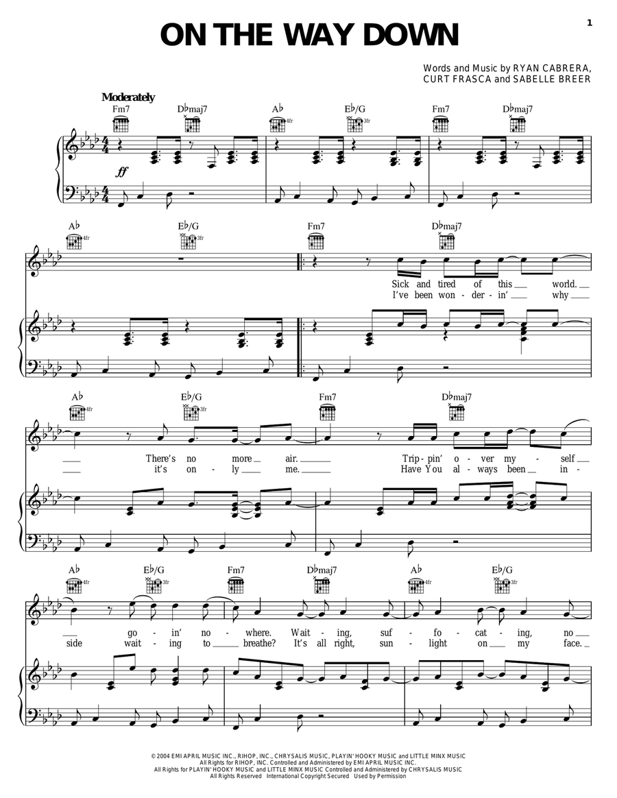 On The Way Down Piano, Vocal, Guitar scores gallery preview page 1