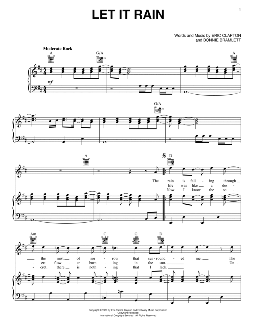 Let It Rain Piano, Vocal, Guitar scores gallery preview page 1