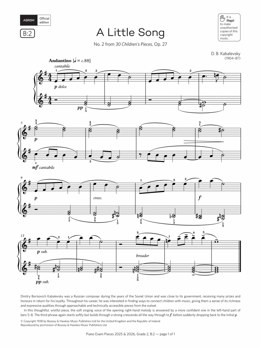 A Little Song (Grade 2, list B2, from the ABRSM Piano Syllabus 2025 & 2026) Piano Method scores gallery preview page 1