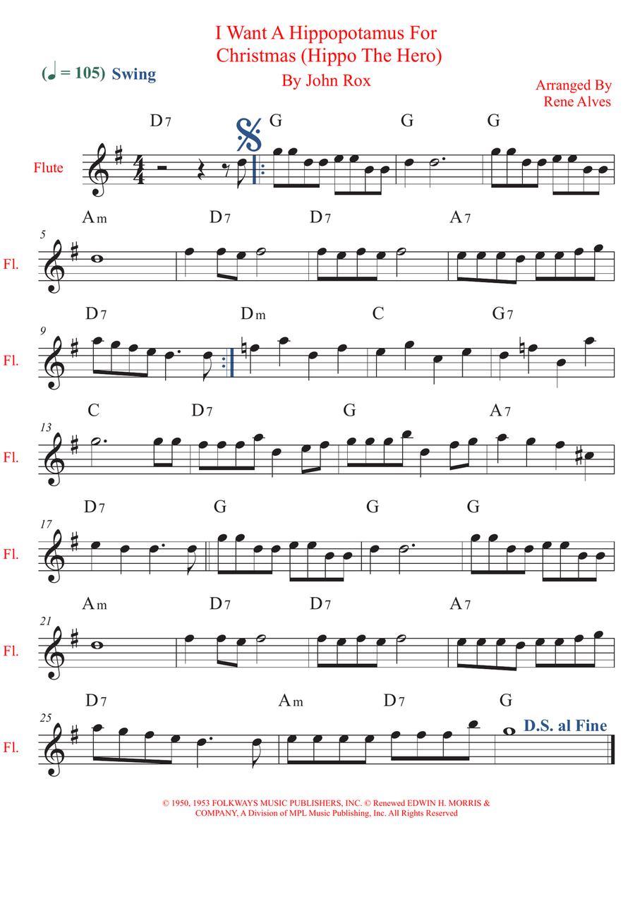 I Want A Hippopotamus For Christmas (Hippo The Hero) Flute Solo scores gallery preview page 1