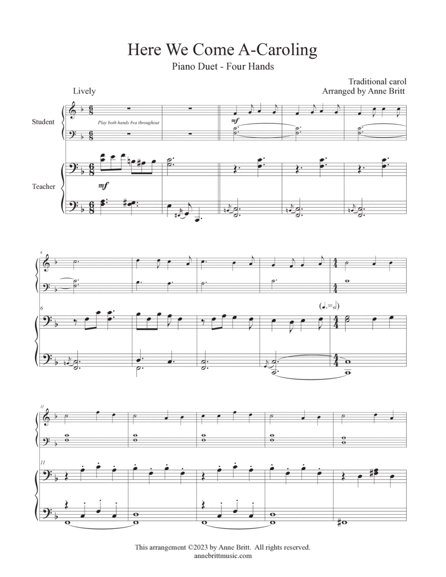 Here We Come A-Caroling (late elementary student/teacher piano duet) Piano Method scores gallery preview page 1