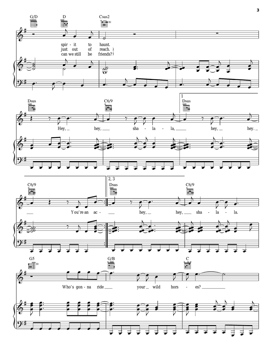 Who's Gonna Ride Your Wild Horses Piano, Vocal, Guitar scores gallery preview page 3