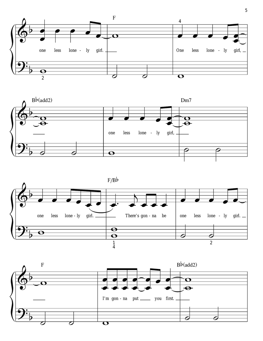 One Less Lonely Girl Easy Piano scores gallery preview page 5