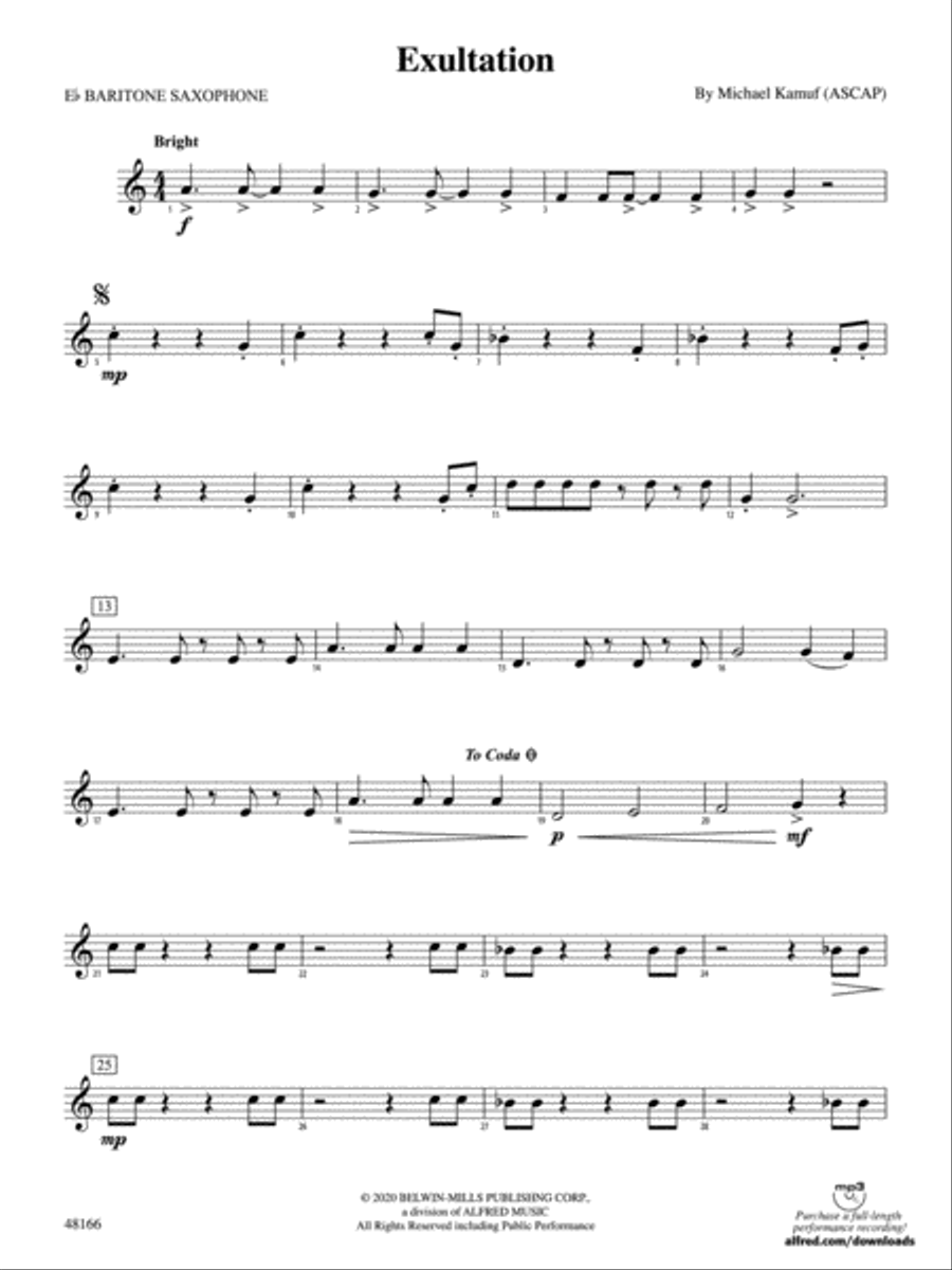 Exultation: E-flat Baritone Saxophone Concert Band scores gallery preview page 1