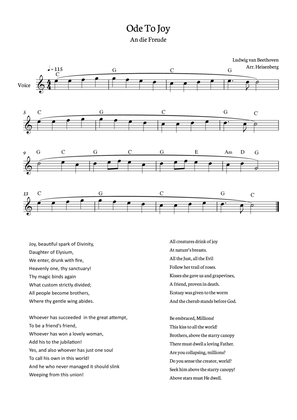 Beethoven - Ode To Joy for voice with chords in C (Lyrics in English)