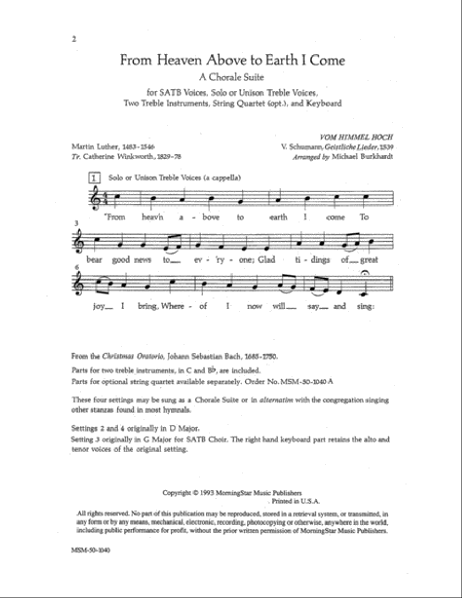 From Heaven Above to Earth I Come (Choral Score)