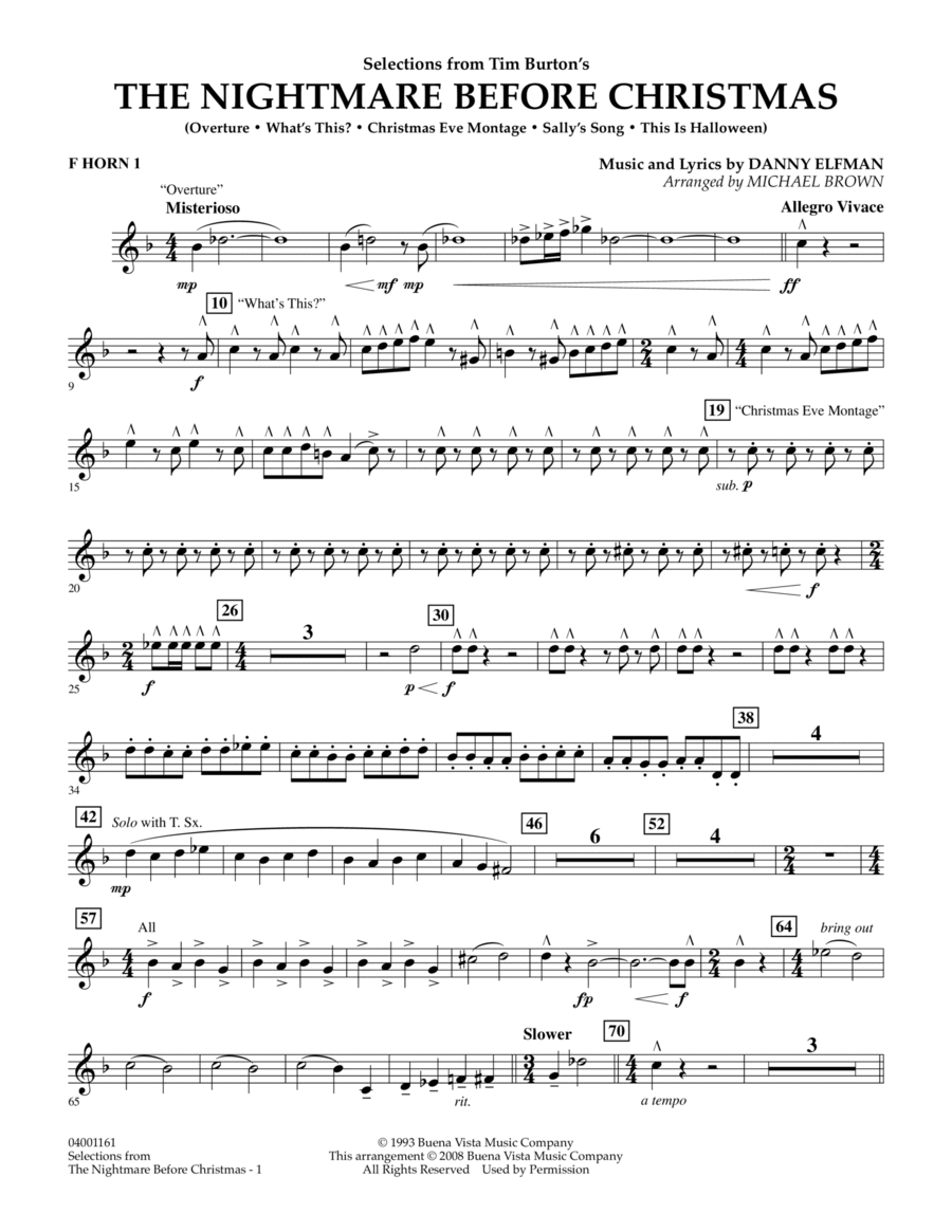 Selections from The Nightmare Before Christmas - F Horn 1 Concert Band scores gallery preview page 1