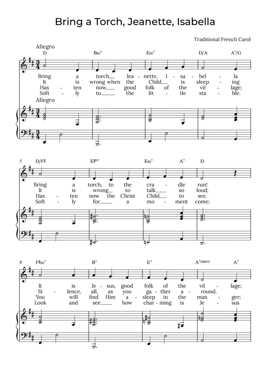 Bring a Torch, Isabella - Sobrano with chords in D, Jeanette Soprano Voice scores gallery preview page 1