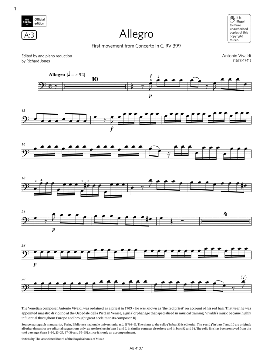 Allegro (Grade 4, A3, from the ABRSM Cello Syllabus from 2024) Cello Solo scores gallery preview page 1