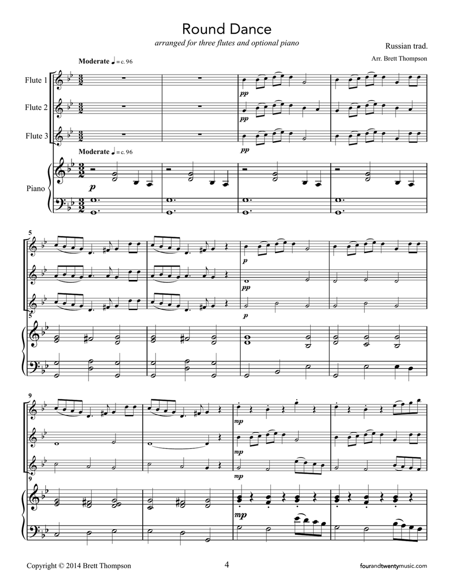 Two Russian Folk Tunes, Minka and Round Dance, - for three flutes and piano Small Ensemble scores gallery preview page 4