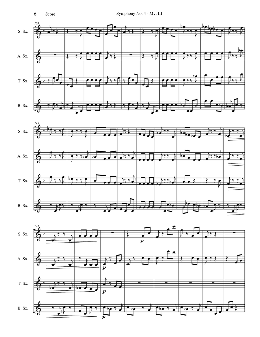 Scherzo (Mvt III) from Symphony No. 4 Saxophone Quartet scores gallery preview page 6