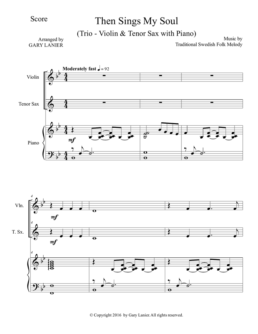 THEN SINGS MY SOUL (Trio – Violin & Tenor Sax with Piano and Parts) Tenor Saxophone scores gallery preview page 2