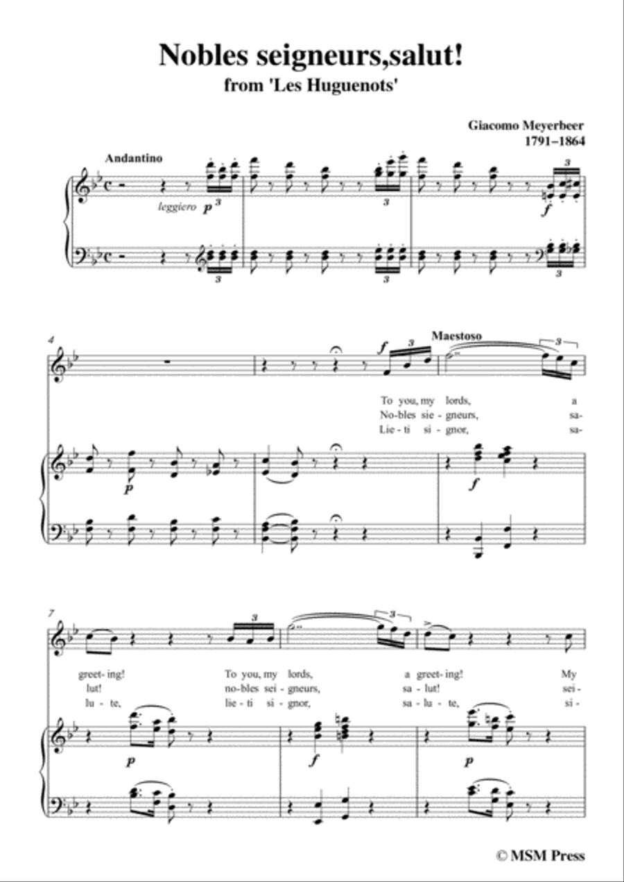 Meyerbeer-Nobles seigneurs,salut,from 'Les Huguenots',in B flat Major,for Voice and Piano image number null