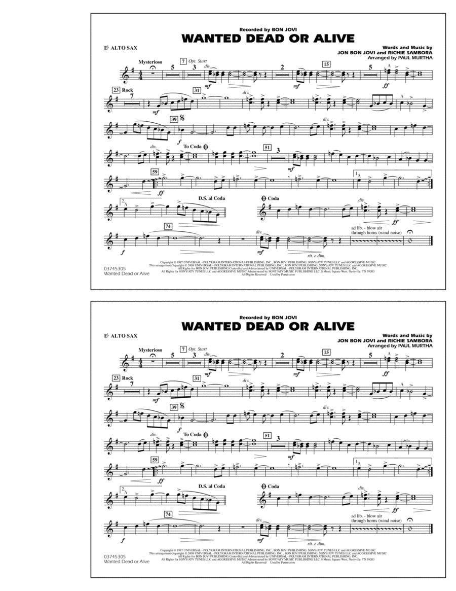 Wanted Dead or Alive - Eb Alto Sax Marching Band scores gallery preview page 1