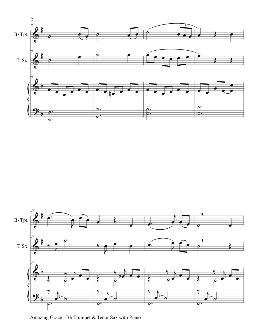 AMAZING GRACE (Bb Trumpet & Tenor Sax with Piano - Score & Parts included) Tenor Saxophone scores gallery preview page 3