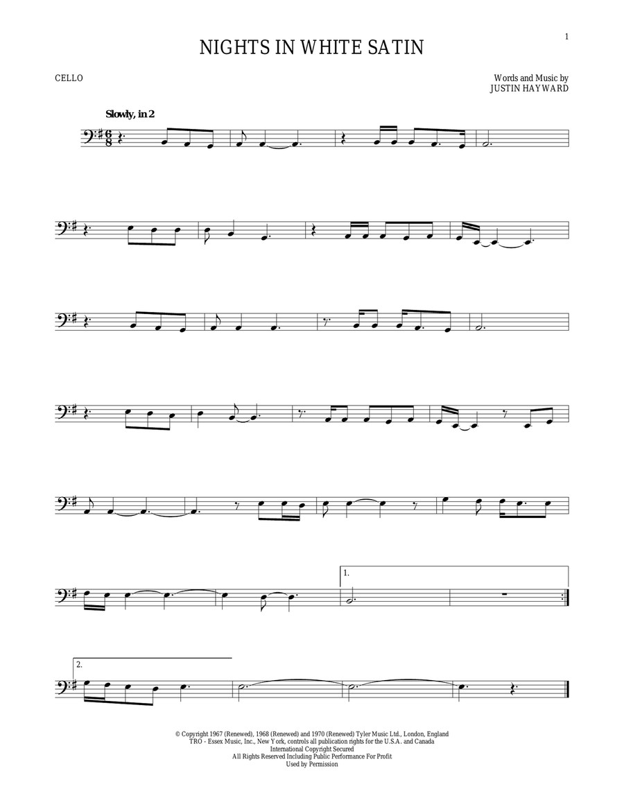 Nights In White Satin Nights In White Satin Cello Solo scores gallery preview page 1