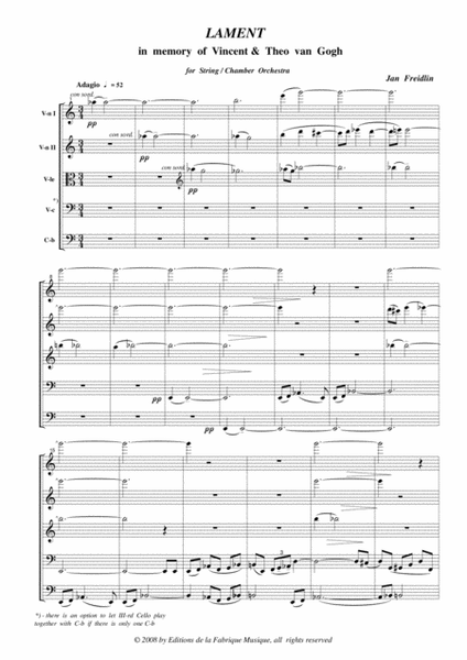 Jan Freidlin: Lament in Memory of Theo and Vincent Van Gogh for string orchestra, score only
