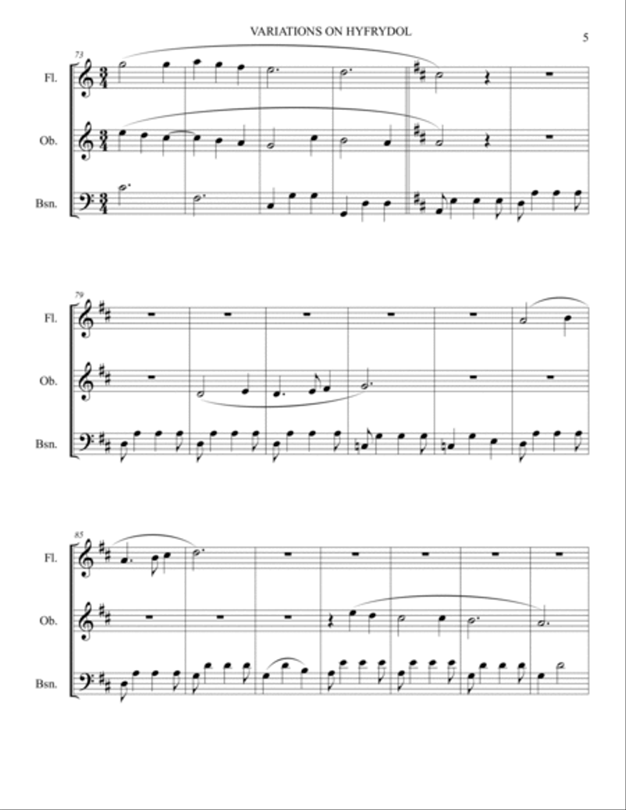 Variations on Hyfrydol for Woodwind Trio (Flute, Oboe, Bassoon) Woodwind Trio scores gallery preview page 5