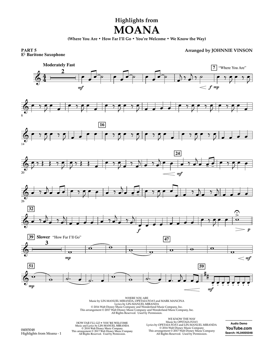 Highlights from Moana - Pt.5 - Eb Baritone Saxophone Concert Band scores gallery preview page 1