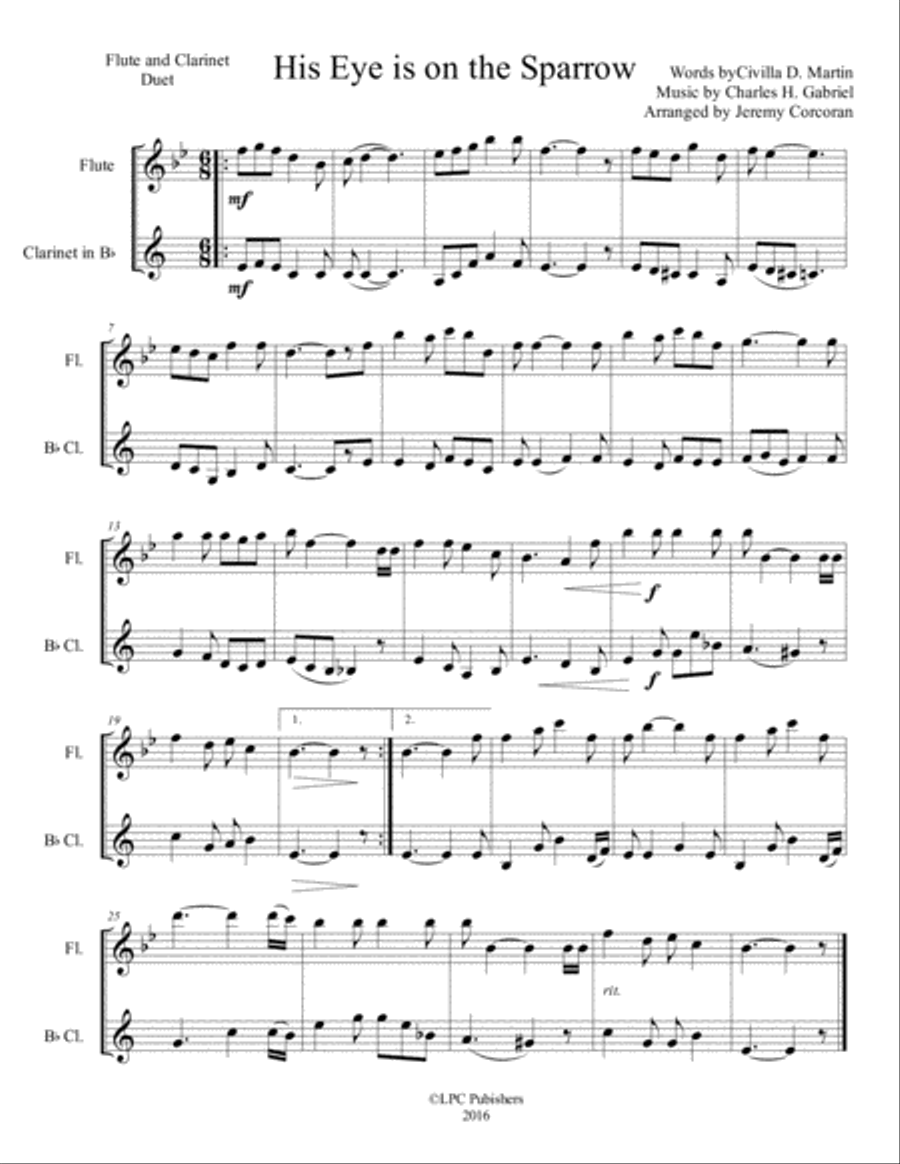 His Eye Is on the Sparrow Flute and Clarinet Duet Woodwind Duet scores gallery preview page 1