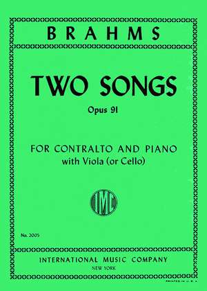 Book cover for Two Songs, Opus 91 For Contralto (With Viola Or Cello Obligato) (G. & E.)