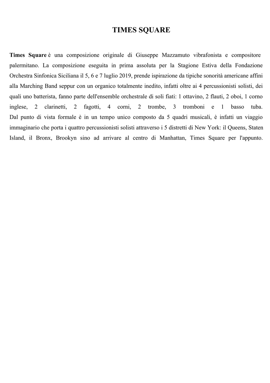 Times Square per 4 Percussionisti Solisti ed Orchestra di Fiati