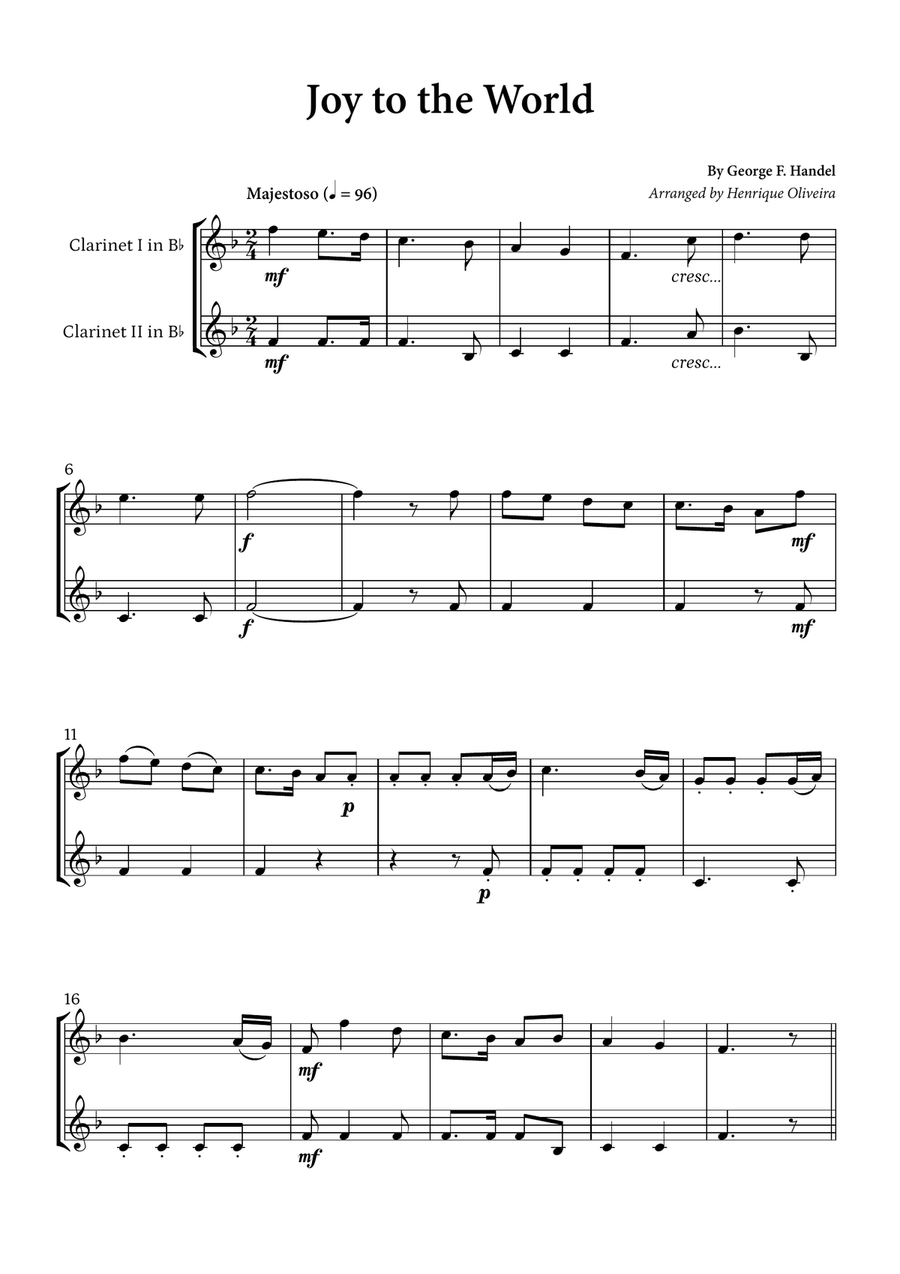 Joy to the World (Clarinet Duet) - Christmas Carol Clarinet Duet scores gallery preview page 1