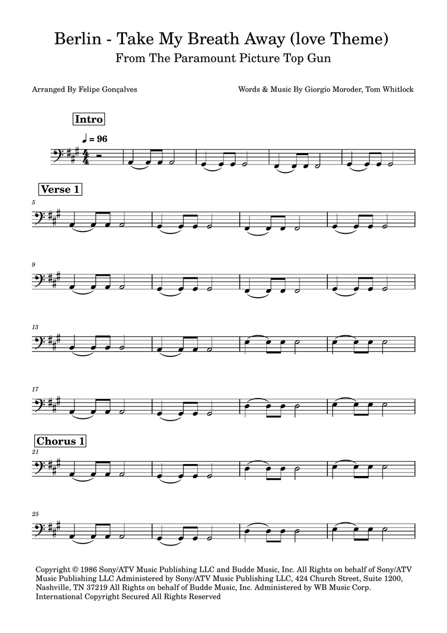 Take My Breath Away (Love Theme) Double Bass scores gallery preview page 1
