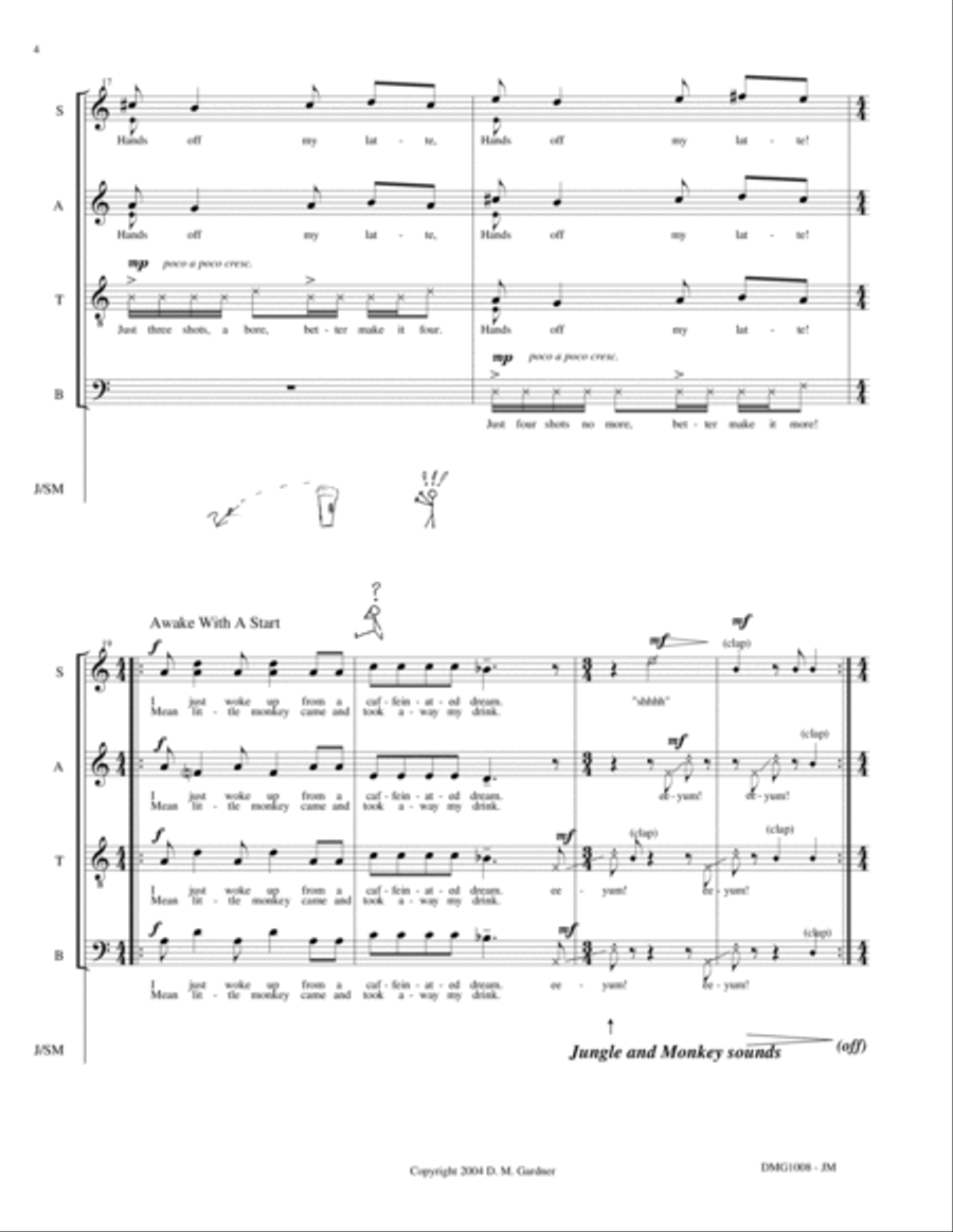 Caffeinated Dreams (SATB, Percussion, and Solo Monkey) 4-Part scores gallery preview page 5