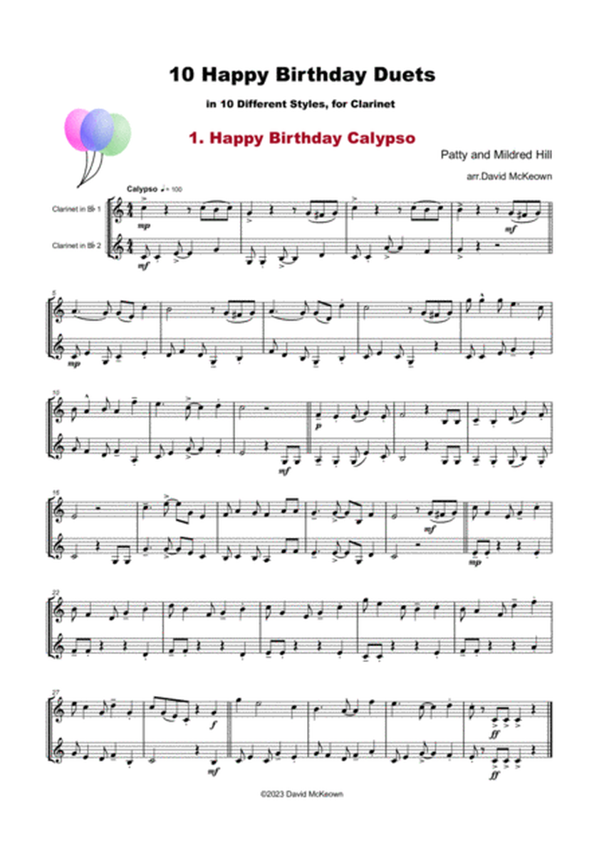 10 Happy Birthday Duets, (in 10 Different Styles), for Clarinet