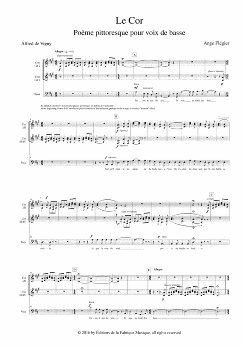 Ange Flégier: Le Cor for bass voice and orchestra, score and complete parts