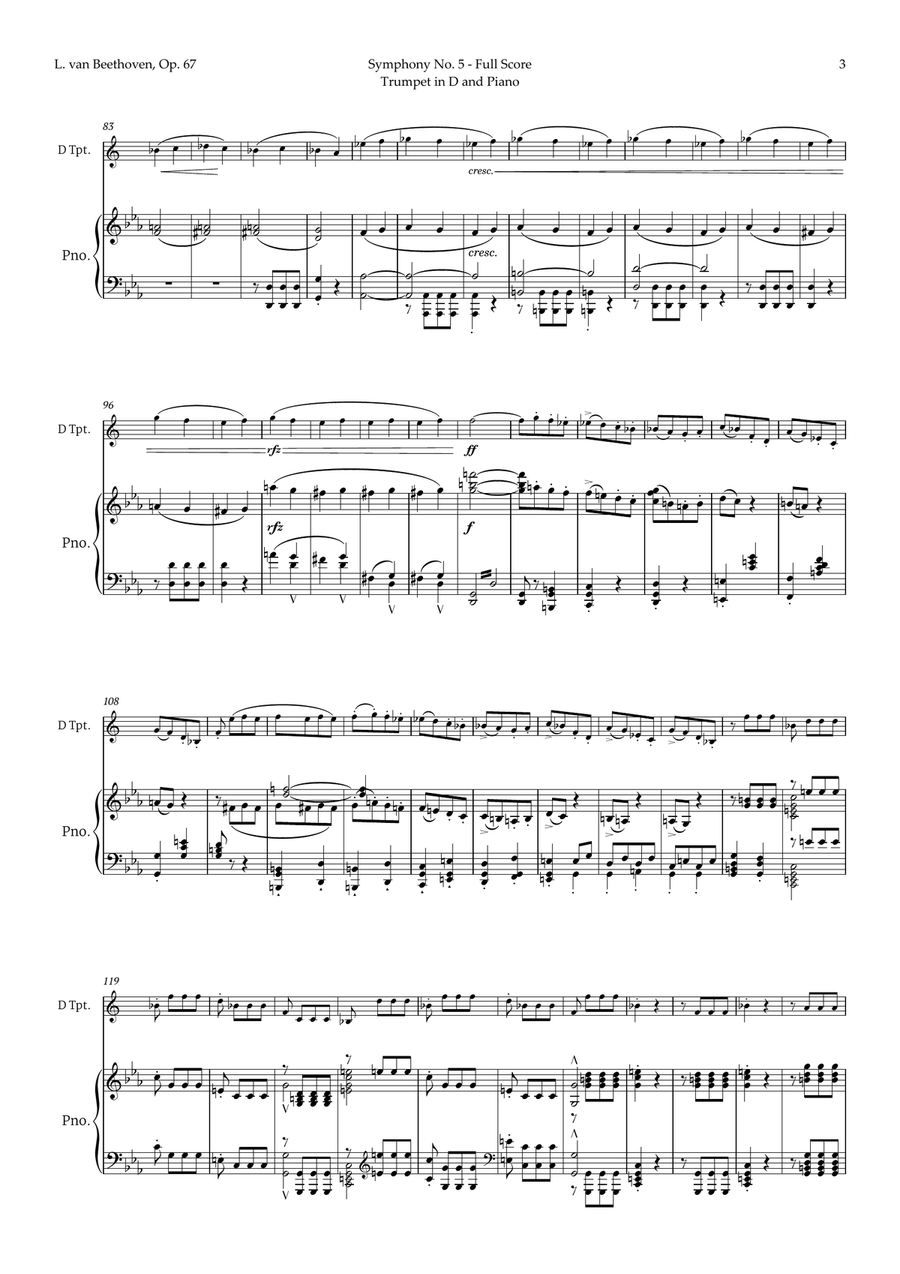 Symphony No. 5 by Beethoven for Trumpet in D and Piano Trumpet Solo scores gallery preview page 3