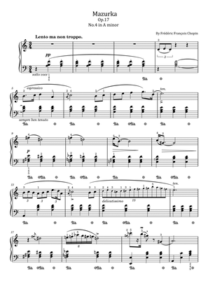 Chopin - Mazurka - Op.17 No.4 in A minor - Original With Fingered - For Piano Solo