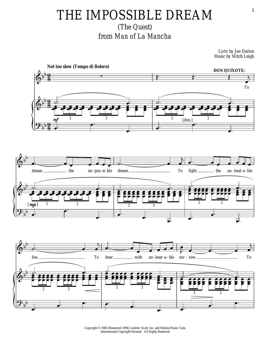 The Impossible Dream (The Quest) Piano, Vocal scores gallery preview page 1